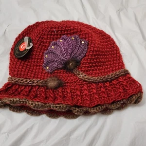 Fischerhut Retro 90er Jahre gehäkelt rot braun Blume gefüttert Damen  - Bild 1 von 6
