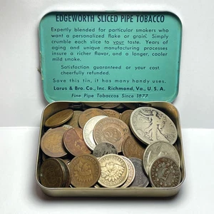 Tobacco Tin US Coin Collection: 1800's Indian Wheat 2/3 Cent 90% Silver Walking - Picture 1 of 10