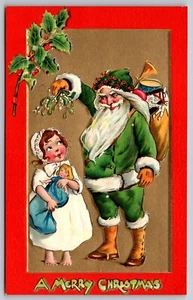 Postcard A Merry Christmas Green Suit Santa Girl Doll - Tuck *5230 - Picture 1 of 2