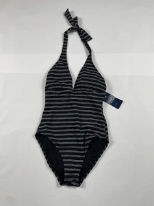 Women's Chaps One Piece Swimsuit Size 4 Black White Striped Halter #294 - Picture 1 of 3