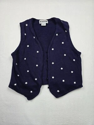 Chaleco tejido vintage patriótico estampado de estrellas azul marino Joan Leslie botón para mujer mediano Foto 1 de 4