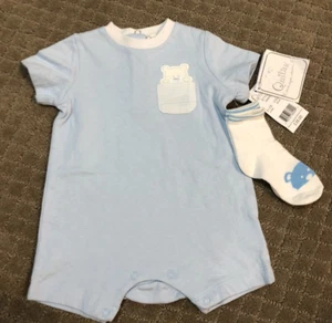 NWT Quiltex Baby boys Blue romper with White Socks Size 3- 6 months - Picture 1 of 5