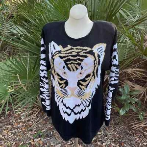 Cervelle Black White Gold Tiger Sweater Stripes Oversized 80s Vtg Size M  - Picture 1 of 11