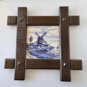 Vintage DELFT Hand Painted Windmill Farmhouse Framed Art Ceramic Tile Holland  - Picture 1 of 7