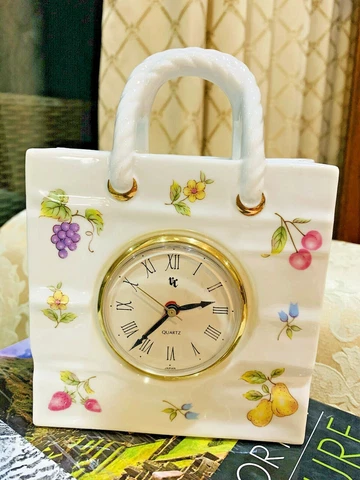 Japan Vintage Antique White PINK FLORAL BAG CERAMIC CLOCK Shopping Gift Alarm Cover