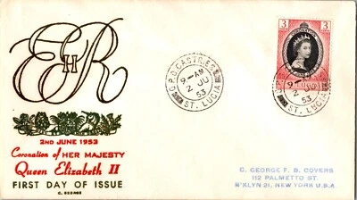 1953 St Lucia Queen Castries HM Elizabeth 2 Coronation First Day Cover to USA NY - Image 1 of 2
