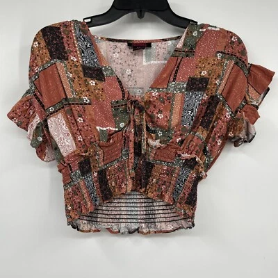 Rock & Roll Cowgirl Top Womens Sz M Wrap Cropped Floral Patchwork Short Sleeve - Image 1 of 4