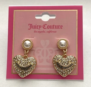 Juicy Couture Gold Tone Heart Pearl Crystal Pave Dangle Drop Earrings Statement - Picture 1 of 4