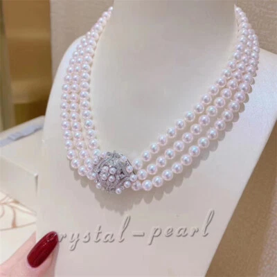 Triple strands AAAA 7-8mm natural Akoya white pearl necklace 17" 18" 19" silver - Image 1 of 2