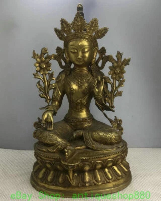 18.8'' Old Tibet Brass Green Tara Mahayana Buddhism Enlightenment Goddess Statue - Image 1 of 4