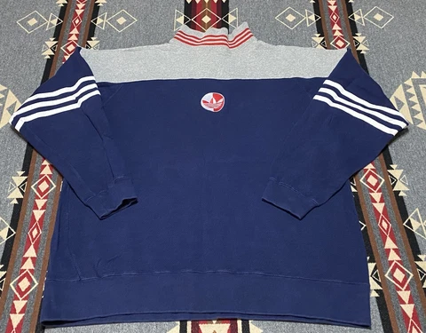 Adidas Vintage Mock Neck Sweatshirt Sz L 90s Striped Blue Soccer Futbol T26 Cover
