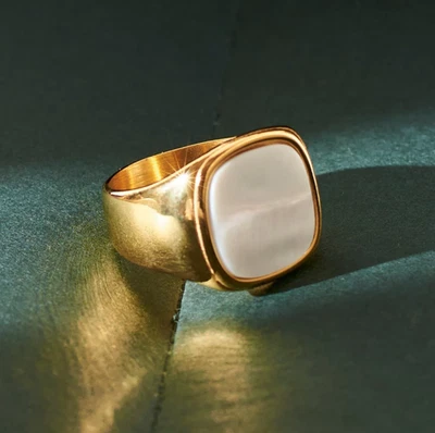 Solid 925 Sterling Silver Big Freshwater Pearl Signet Ring Gold Men's Pearl Ring - Image 1 of 4