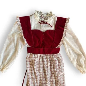 Vintage 70s JC Penney Prairie Style Ruby Velveteen Floral Ruffled Lace Gunne Sax - Picture 1 of 9