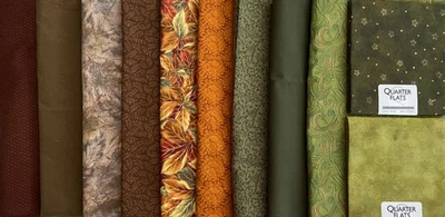 9 jardas plus 2 quartos de gordura algodão fabico verde marrom dourado cores de outono - Imagem 1 de 2