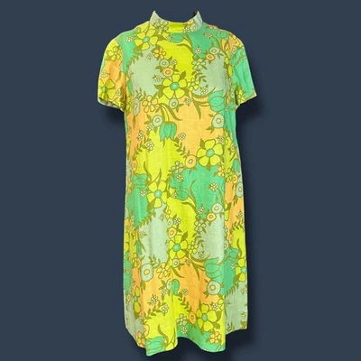 Vintage 60s Womens Sheath Dress S/M Neon Flower Power Short Sleeve Mod Hippie - Image 1 of 4