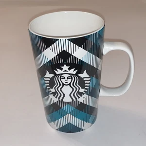 Starbucks Tall Plaid Mug 16 oz Teal Black White Keramik Kaffee Tee Tasse 2015 - Bild 1 von 7