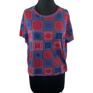 ZARA Trafaluc Red Blue Patchwork Bandana Print Boxy Crop Short Sleeve Shirt M - Picture 1 of 6