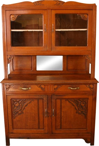 1920 French Buffet Art Deco / MidCentury Modern Oak, Glass Doors, Mirror Cover