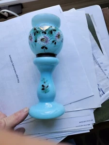 HYACINTH VASE, BLUE GLASS, HAND PAINTED FLOWERS, - Picture 1 of 7