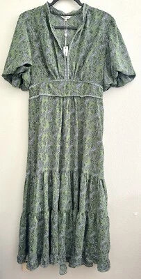 Max Studio Peasant Maxi Dress Boho Paisley Light Olive Green Size L Large NEW - Image 1 of 4