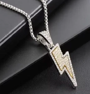 Lightning Bolt Pendant Necklace Diamante Elvis Metallica ACDC Rocker Gold Silver - Picture 1 of 3