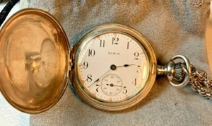 Elgin 36mm, 8s, Hunting case and chain. Illinois case marked sterling, Antique - Picture 1 of 5