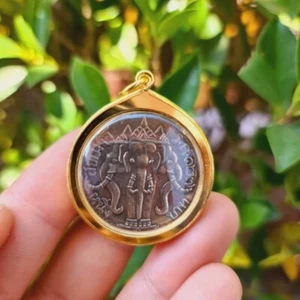 Amulet Elephant Erawan Coin King Rama 5 Gold Micron Case Pendant Siam Thailand - Picture 1 of 2