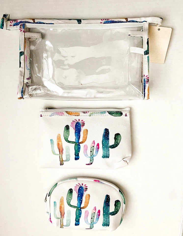 Bolsa de maquillaje, juego de 3, plástico transparente y lona blanca con estampado de cactus. Foto 1 de 4