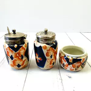 Antique Japanese Imari 3 x Condiment Set EPNS Lids & Spoon Salt Pepper Mustard - Picture 1 of 14