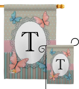Butterflies T Initial Bugs Frogs Monogram Floral Colorful Garden House Yard Flag - Picture 1 of 13