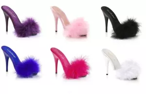 HIGH HEEL STILETTO PLATTFORM 5" PELZRUTSCHE SATIN PLEASERSANDALEN PLEASER POISE 501F - Bild 1 von 7