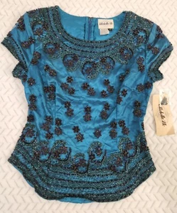 Ellebelle Llc Beaded Sequin Blouse Short Sleeve Blue Size S - Picture 1 of 6