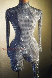 Damen glitzernde Langarm Kristall Bodys Bühne Performance Wear Jumpsuits - Bild 1 von 23