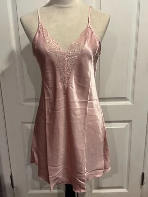Mujeres Lencería Satén Camisón Sin Mangas Cuello Rosa Fino y Suave Talla M 30"Lx14"W Foto 1 de 4