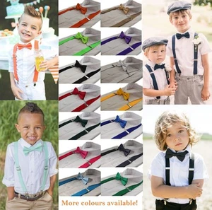 Boys Matching Bow Tie + Suspender Kids Clip On Adjustable Braces Belt Bowties - Picture 1 of 27