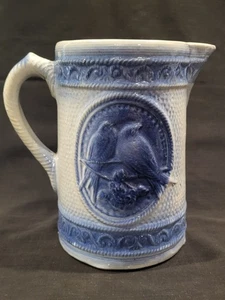 Antique Salt Glazed Blue & White 8.5” milk pitcher Sparrows pattern 1880-1915 - Picture 1 of 14