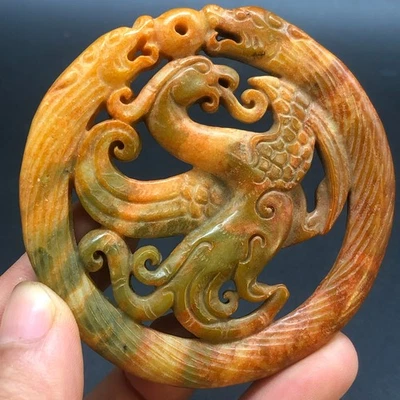 Colgante Delicado China Antiguo Jade Tallado a Mano *Dragón y Fénix* N56 Foto 1 de 4