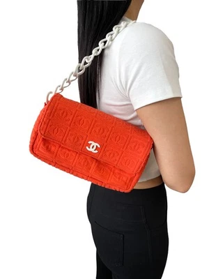 Bolso de Hombro Chanel Vintage 02S CC Logo Cadena Bolso de Mano Tela Terry Naranja Blanco Foto 1 de 4