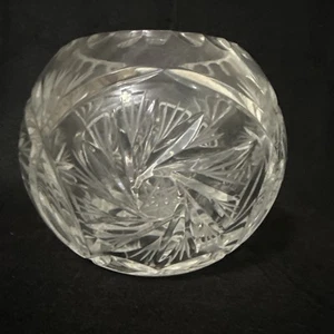 Lead Crystal Rose Bowl, Vintage Etched Cut Polish Bowl Whirling Star Motif MCM - Picture 1 of 5