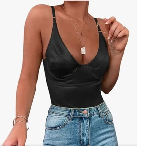 Neu ohne Etikett Satin Bustier Typ schwarz Body verstellbare Träger Größe Small - Bild 1 von 7
