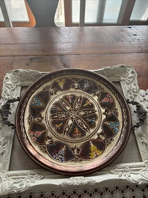 Turkish Copper Serving tray With Handles. Hand painted. - Image 1 of 4