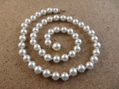 Vintage 8mm White Faux Pearl  19" Strand Necklace Gold-tone Clasp #1211 - Image 1 of 4