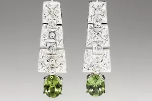 14k White Gold Dangle Earrings with Round Cut Diamonds & Oval Green Peridot Gift - Picture 1 of 11