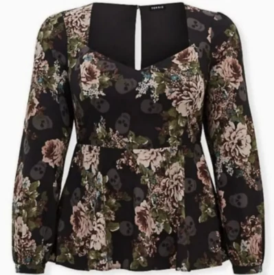 NWOT Torrid Black Floral Long Sleeve Skull Peplum Blouse Top $45.5 - Image 1 of 4