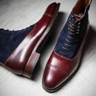 Handmade Two Tone Blue Suede & Burgundy, Black Leather Ankle High Boots For Men