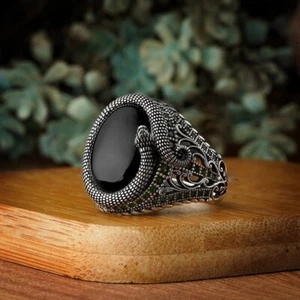 Increíble anillo envolvente de serpiente de ónix negro con forma ovalada en plata 935 para fiesta de boda para hombre - Imagen 1 de 6