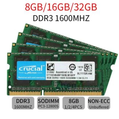 Crucial 32GB 16GB 8GB 4G PC3 / PC3L DDR3 / DDR3L1600MHz SODIMM Laptop Memory LOT - Image 1 of 4