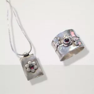 Shablool jewelry set Sterling Silver 925 Necklace and Ring Sz 8.5 Garnet stone - Picture 1 of 9