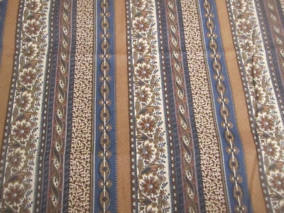 Marcus Bros Cotton Fabric Wallpaper Style Stripe Floral Brown Blue 2yd 13" x 42 - Image 1 of 4