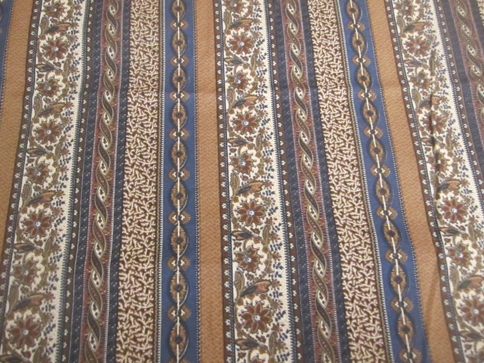 Marcus Bros Cotton Fabric Wallpaper Style Stripe Floral Brown Blue 2yd 13" x 42 - Image 1 of 4